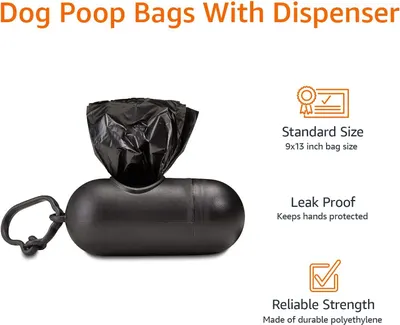 Communicates three distinct product benefits in a segmented layout: the bag size specification, leak-proof protection for hands, and durable construction material.