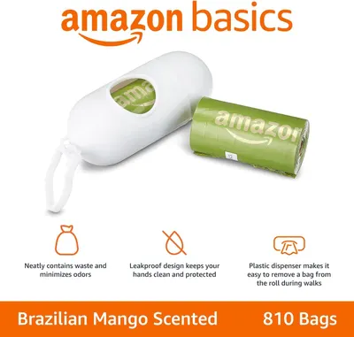 Communicates three distinct product benefits in a segmented layout: waste containment with odor minimization, leakproof protection for hands, and convenient bag dispensing during walks.