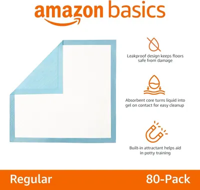 Communicates three distinct product benefits in a segmented layout with icons and text to show why this training pad is effective and convenient for pet owners.