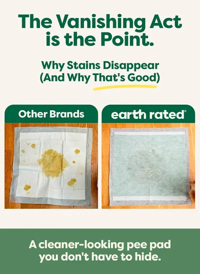 Demonstrates that earth rated pee pads make stains disappear completely compared to other brands that leave visible yellow stains, reassuring shoppers of superior cleanliness and performance.…