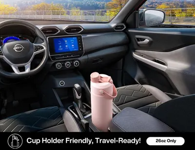 Demonstrates that the water bottle fits perfectly in a car cup holder, making it convenient for travel and on-the-go use.
