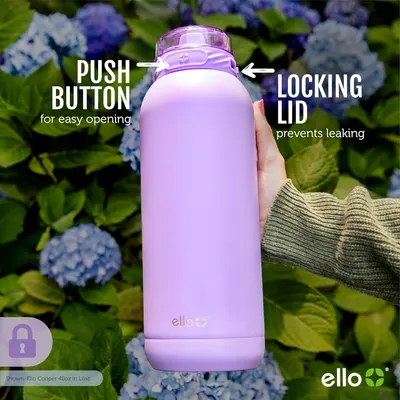 Highlights the key functional components of the water bottle—the push button for easy opening and the locking lid that prevents leaking—to reassure shoppers of its convenience and leak-proof design.