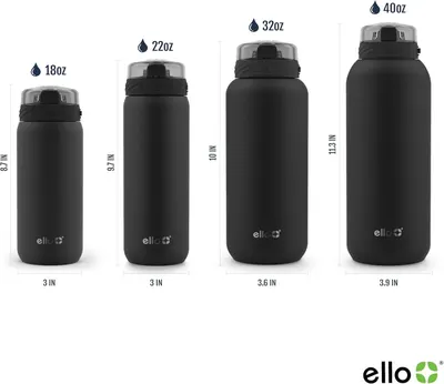 Displays the brand's complete water bottle lineup in four different sizes (18oz, 22oz, 32oz, 40oz) with exact dimensions to help shoppers choose the right capacity and size for their needs.