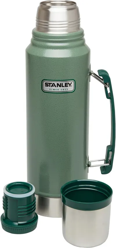 Shows the customer everything included with the thermos purchase: the main bottle, the screw-top lid/stopper, and the cup/cap, demonstrating the complete package and versatility of the product.