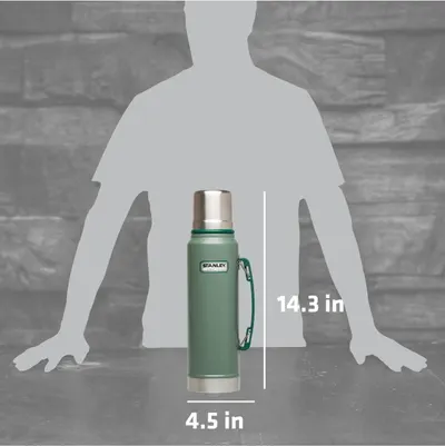 Communicates the exact physical size of the Stanley thermos (14.3 inches tall, 4.5 inches wide) using a human silhouette for scale reference, helping shoppers understand portability and storage…