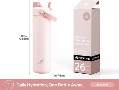 Communicates the exact physical size (height and width) and capacity (26 oz) of the water bottle to help shoppers understand if it fits their needs and lifestyle. Shows what the customer receives:…