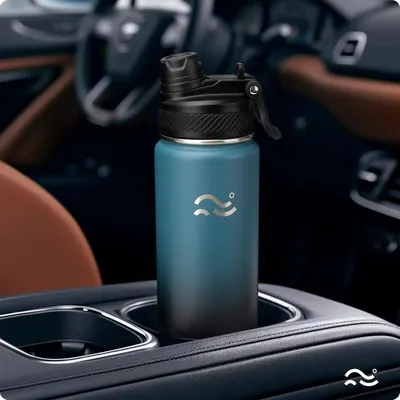 Demonstrates the product in a real-world automotive setting to show its practical everyday use and portability for on-the-go hydration.