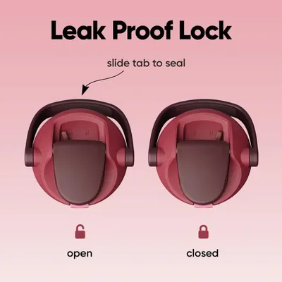 Demonstrates how to use the slide tab to seal the product and prevent leaks, showing both open and closed positions for clarity. Highlights the leak-proof locking feature to reassure shoppers that…