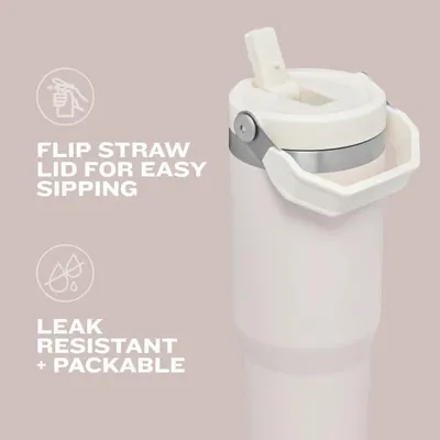 Communicates multiple key benefits of the water bottle in a visually segmented layout, highlighting the flip straw lid for easy sipping and the leak-resistant, packable design for convenience.