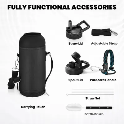Shows all the functional accessories included with the water bottle purchase, reassuring shoppers they're getting a complete kit with carrying pouch, multiple lid options, straps, cleaning tools,…