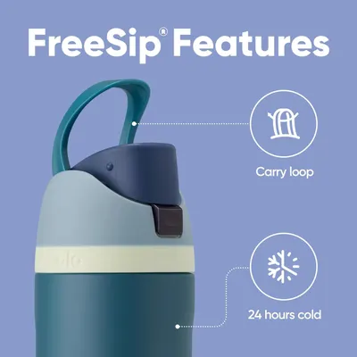 Highlights the key physical features of the FreeSip bottle—the carry loop for portability and the insulation capability that keeps drinks cold for 24 hours—to help shoppers understand the product's…