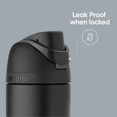 Communicates that the water bottle lid is leak-proof when locked, reassuring shoppers that it won't spill in bags or during transport.