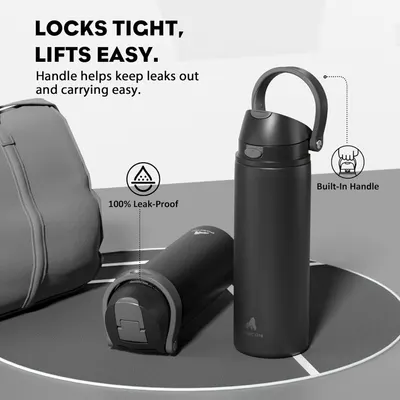 Communicates multiple key benefits of the water bottle including leak-proof design and convenient built-in handle for portability, reassuring shoppers about functionality and ease of use.