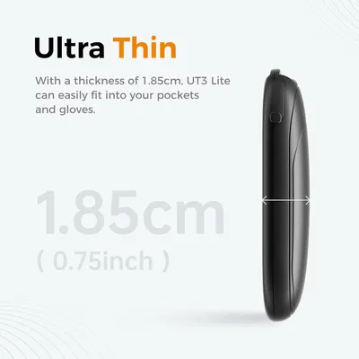 Communicates the product's ultra-thin 1.85cm profile with dimensional measurement and visual arrow, emphasizing its portability and convenience for fitting into pockets and gloves. Highlights the…