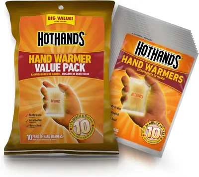 Shows the customer exactly what they receive in the value pack—both the outer packaging and the individual hand warmer packets—to communicate quantity and value.