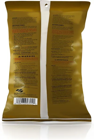 This image shows the back of the product packaging with detailed instructions on how to use the hand warmer safely and effectively, including activation steps, warnings, and storage information to…