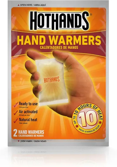 Communicates multiple key benefits of the hand warmers in a visually segmented layout with checkmarks and a duration badge, helping shoppers quickly understand the product's convenience, activation…