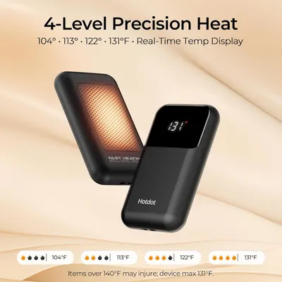 Communicates the product's precise temperature control feature with four heat settings and a digital display, reassuring shoppers they can customize and monitor heating levels for safety and comfort.