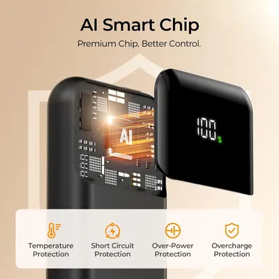 Communicates the product's advanced AI chip technology and multiple safety features to reassure shoppers about intelligent control and comprehensive protection during use.