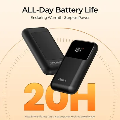 Communicates the product's impressive all-day battery performance (20 hours) to reassure shoppers they can rely on enduring warmth and power throughout the day. Highlights the key benefit of…