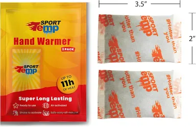 Shows the exact physical size of the hand warmer packets (3.5 inches by 2 inches) to help shoppers understand how compact and portable they are.