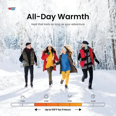 Communicates the product's heating performance with a specific quantifiable claim (up to 135°F for 11 hours) to reassure shoppers about all-day warmth during outdoor winter activities. Highlights…