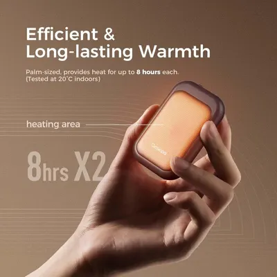 Communicates the product's impressive heat duration (8 hours per use) and compact palm-sized form factor to reassure shoppers about long-lasting warmth and portability. Highlights the core benefit…