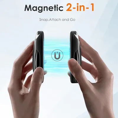 Demonstrates the magnetic snap-attach functionality of the product, showing how two devices can easily connect together for convenience and portability.
