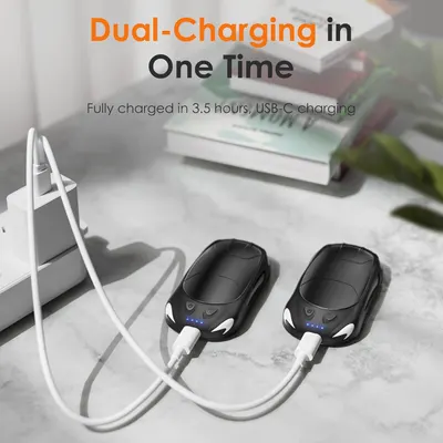 Communicates the product's ability to charge two devices simultaneously and highlights the fast charging time of 3.5 hours with USB-C to reassure shoppers of efficiency and convenience. Demonstrates…