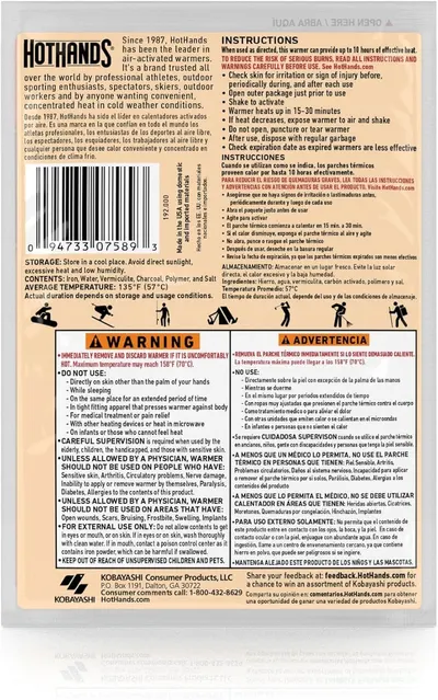Provides detailed step-by-step instructions on how to safely use the hand warmer product, including activation, heating time, and critical safety warnings to ensure proper usage and prevent injury.
