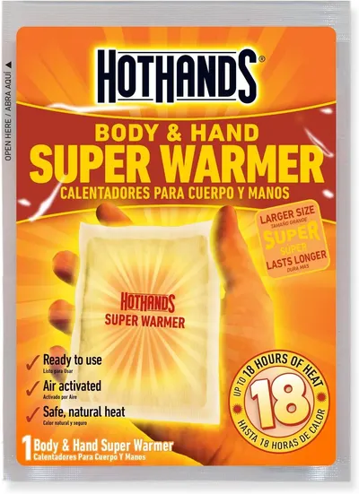 Communicates multiple key benefits of the hand warmer including ease of use, activation method, safety, duration, and size to help shoppers understand the product's complete value proposition.