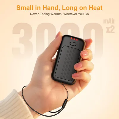 Communicates the high battery capacity of the portable hand warmer to reassure shoppers of long-lasting heat and portability. Highlights the dual benefit of portability and extended heat duration,…