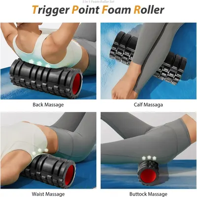 Demonstrates the versatility of the trigger point foam roller by showing four different body areas where it can be used for massage and muscle recovery.