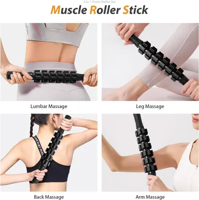 Demonstrates the versatility of the muscle roller stick by showing four different body areas where it can be applied, reassuring shoppers that this single product serves multiple massage needs.
