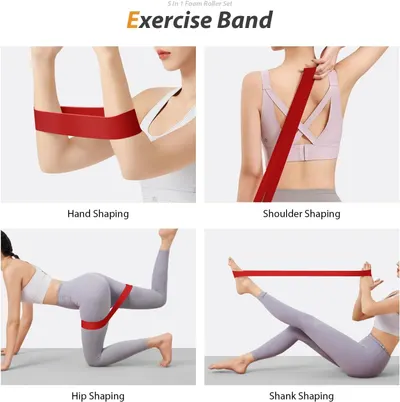 Demonstrates the versatility of the exercise band by showing four distinct body-shaping applications, helping shoppers understand the multiple ways they can use the product for different muscle…