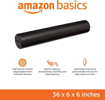 Communicates multiple distinct benefits of the foam roller in a segmented layout: material quality, exercise applications, and portability. Provides exact physical dimensions to help shoppers…