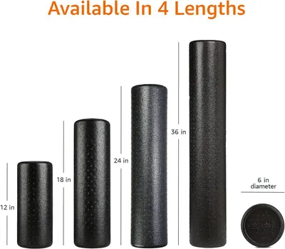 Shows the customer the four different length options available for this foam roller product, helping them choose the right size for their needs.