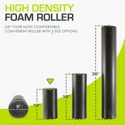 Helps shoppers choose the right foam roller size by showing the brand's complete product lineup with three size options (12", 18", and 36") and a consistent 6" diameter.