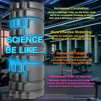 Communicates multiple science-backed benefits of using the massage roller, including improved blood flow, enhanced stretching effectiveness, reduced fatigue, and injury prevention to build…