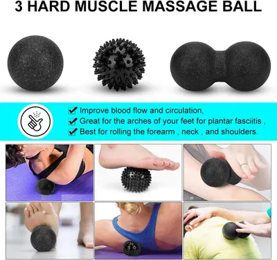 Demonstrates the multiple ways and body areas where the massage balls can be used, including feet, shoulders, neck, forearms, and back, to show versatility and broad applicability for muscle relief.…