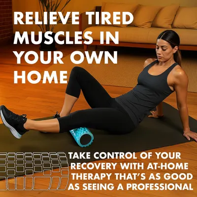 Communicates that the product (foam roller) provides professional-quality muscle recovery therapy in the convenience of your own home, positioning it as an effective solution for tired muscles.