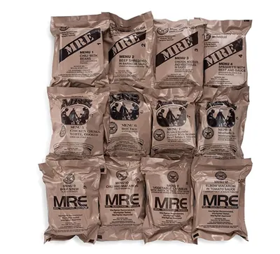 Shows the complete variety pack of 12 different MRE (Meal Ready-to-Eat) meals included in the purchase, helping shoppers understand the full contents and menu variety they will receive.