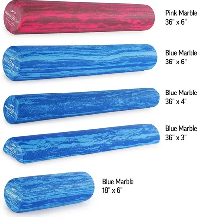 Displays the brand's full product lineup of foam rollers, showing shoppers the available size and color options to help them choose the right variant for their needs.