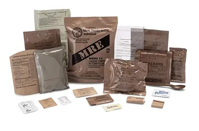 Shows all the items included in the MRE (Meal Ready-to-Eat) package to help shoppers understand the full value and completeness of what they receive with their purchase.