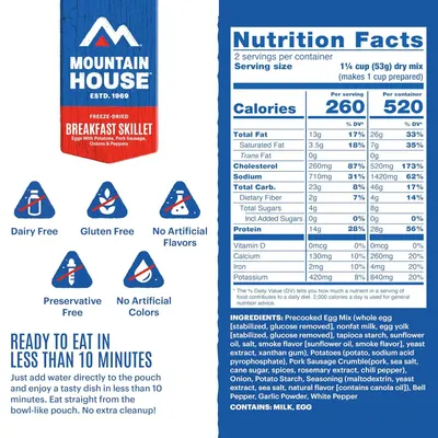 Communicates multiple product benefits including dietary accommodations (dairy-free, gluten-free), clean ingredients (no artificial flavors/colors/preservatives), and convenience (ready in under 10…