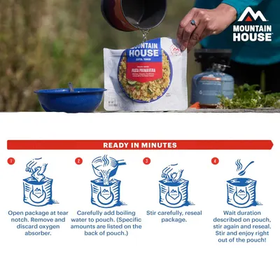Demonstrates the simple 4-step process for preparing the freeze-dried meal, reassuring shoppers that it's quick and easy to make in outdoor or camping settings.