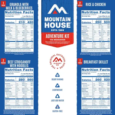 This image shows the complete contents of the Adventure Kit, displaying all four meal options with their nutrition facts and key product benefits (ready in minutes, lightweight, just add water,…