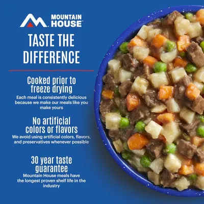 Communicates multiple distinct brand benefits including cooking method, ingredient quality, and shelf life guarantee to position Mountain House as a premium, trustworthy freeze-dried meal brand.