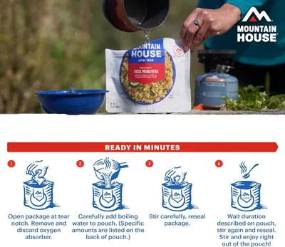Demonstrates the simple 4-step process for preparing the freeze-dried meal, reassuring shoppers that it's quick and easy to make outdoors.