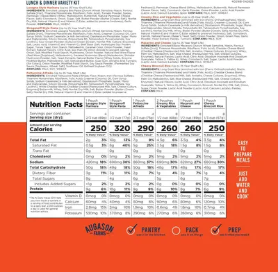 Shows the complete variety kit contents with detailed nutrition facts for all six meal options, helping shoppers understand exactly what they receive and make informed dietary choices.